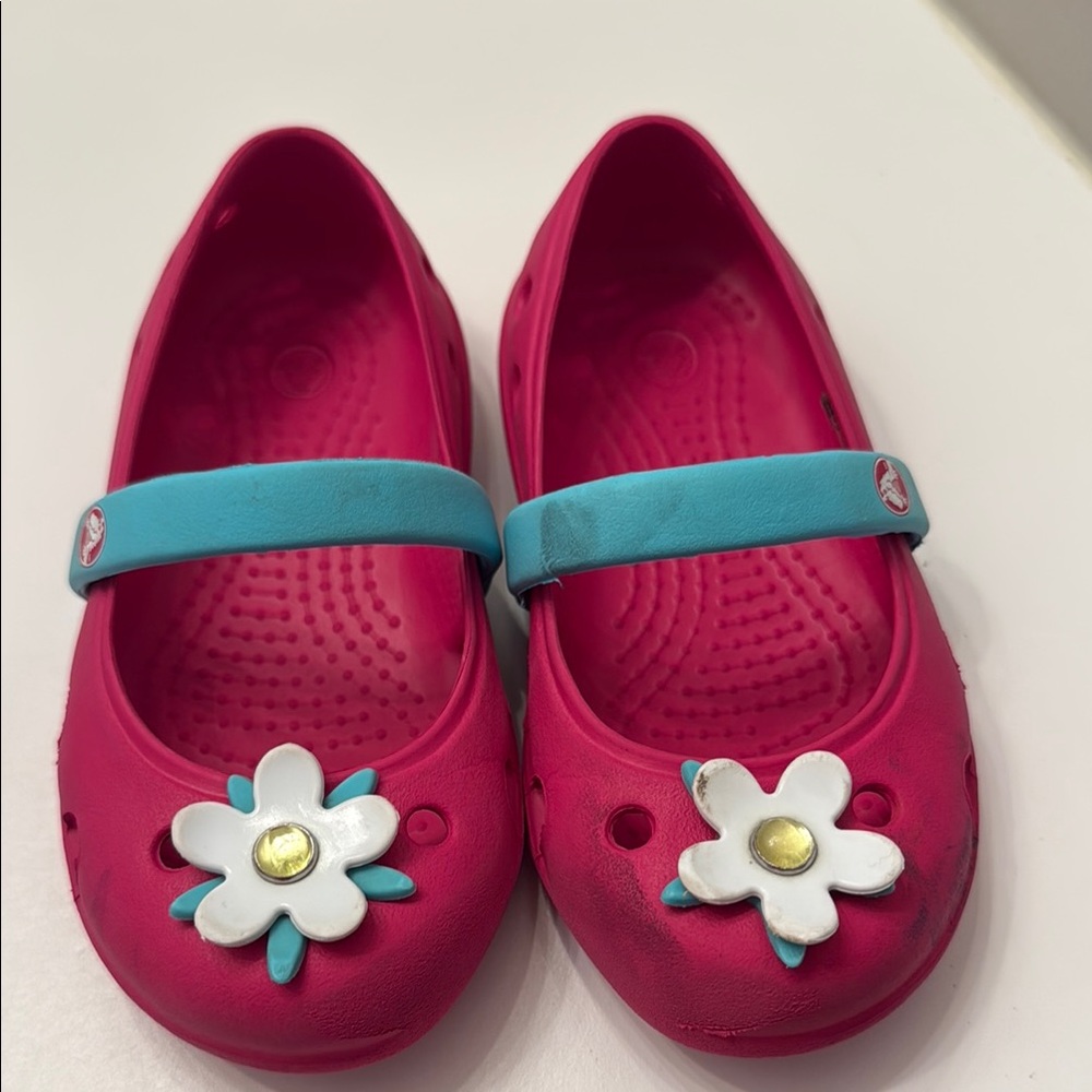 CROCS Pink and Blue Water Shoes with Daisy Design